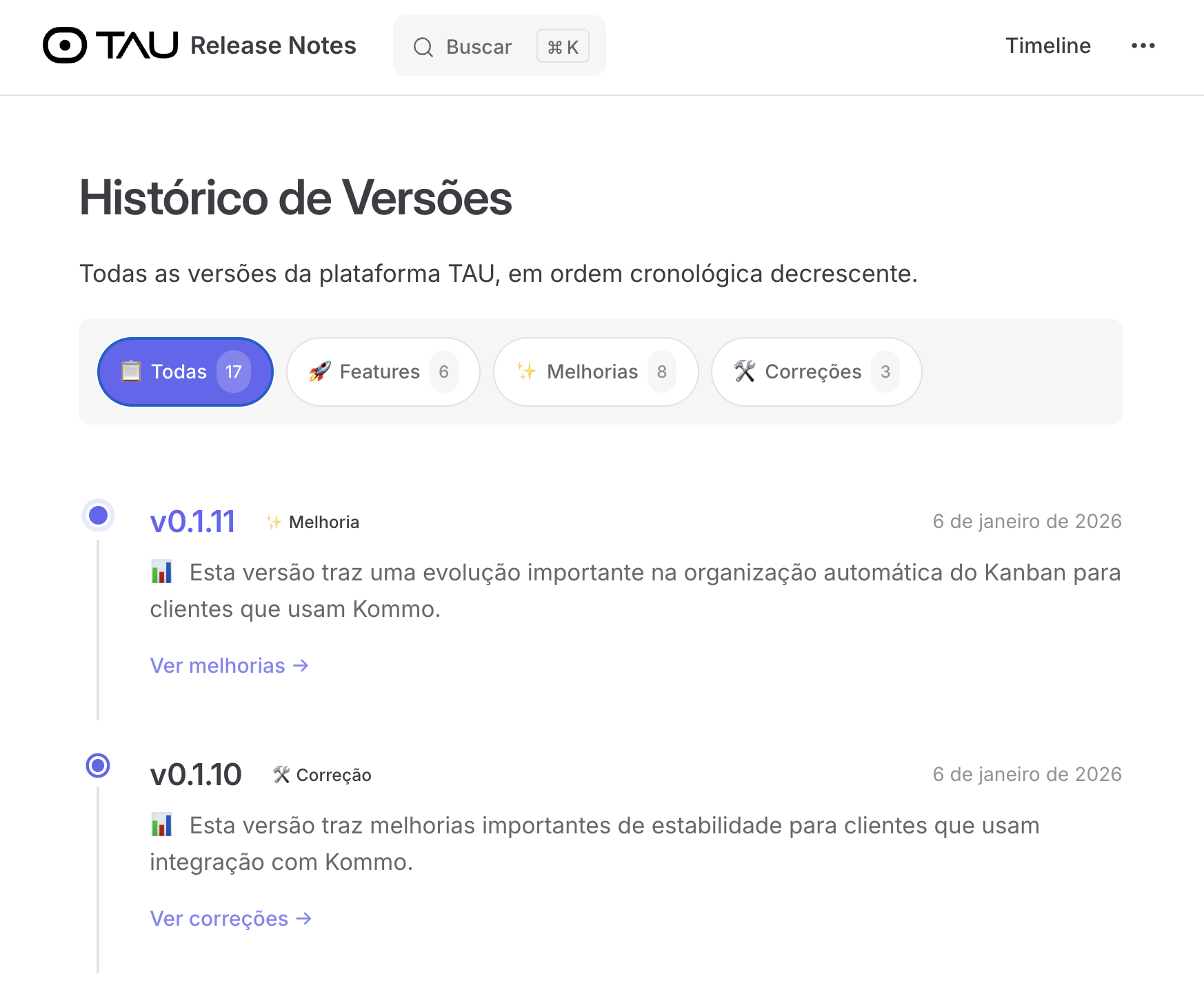 Nova página de releases com filtros