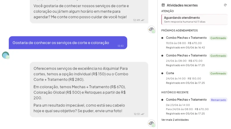 Atividades recentes no painel de conversas